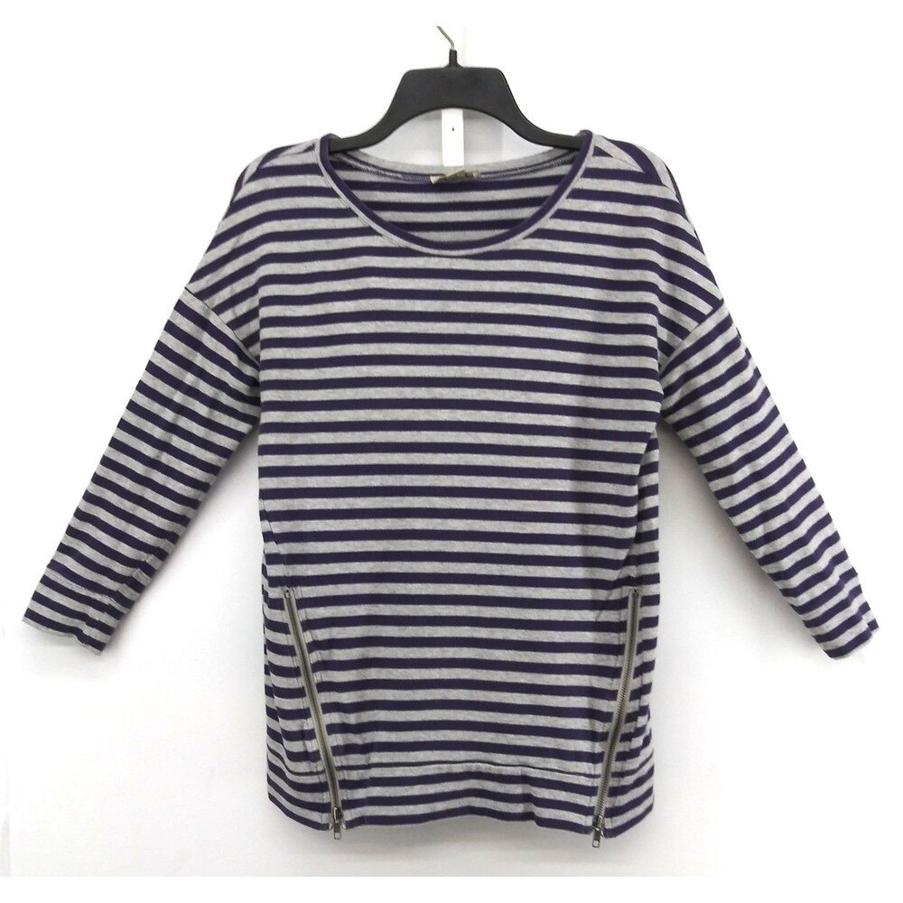 Ann Taylor LOFT Shirt Womens Small Purple Gray Striped Zip Sides Pullover Top
